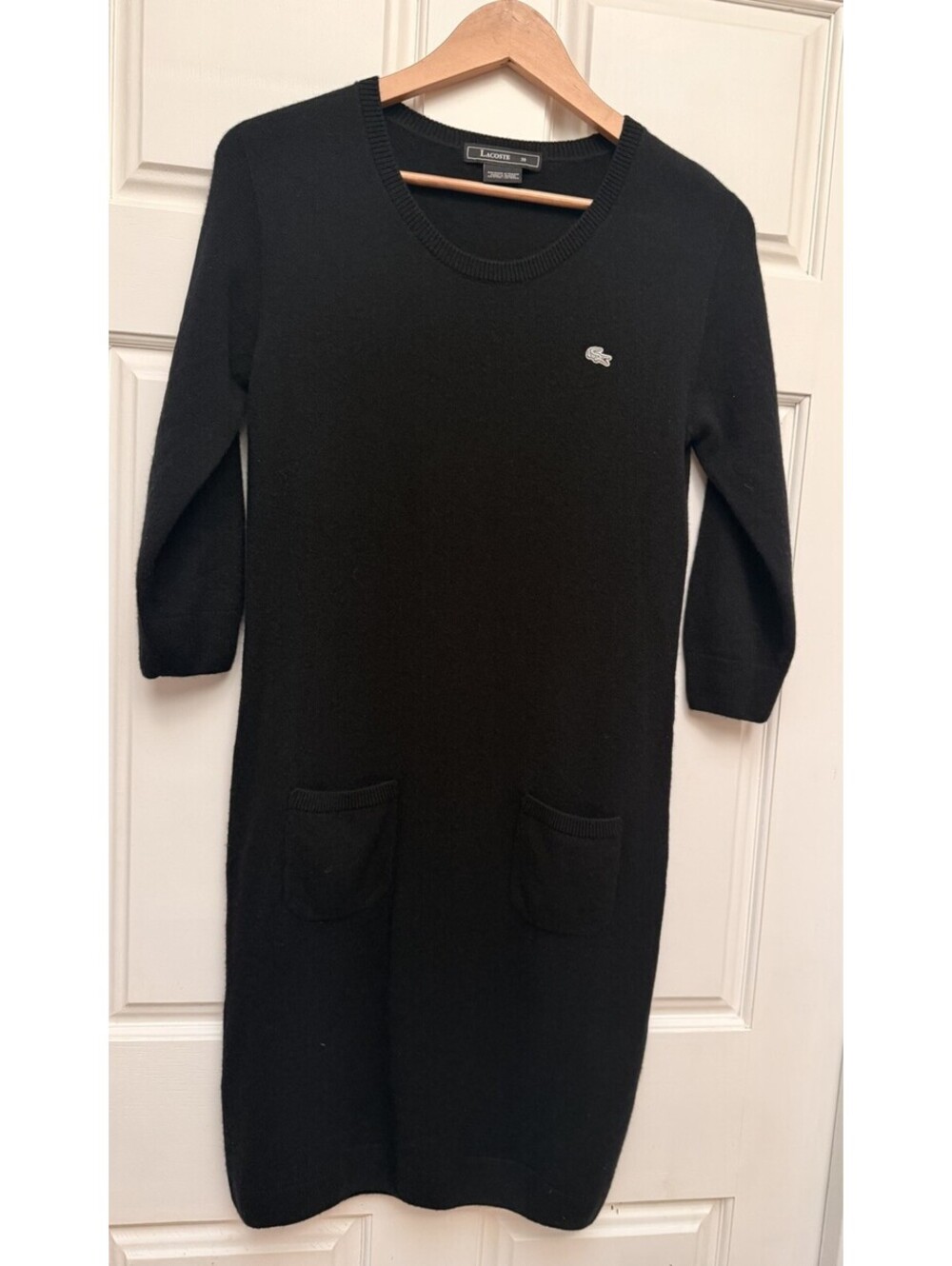 Lacoste Women's Cashmere Dress Black Small Round Neck Pockets 3/4 Sleeves Sz. 38